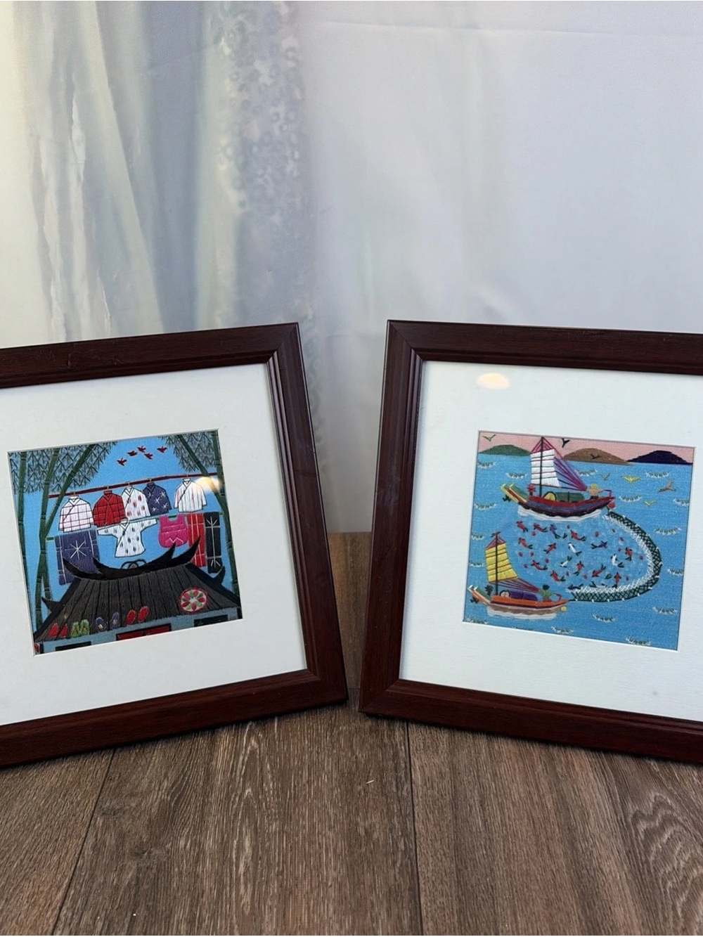 (2) Framed Chinese Folk Art Silk Colorful Embroidery Clothesline & Fishing Boat